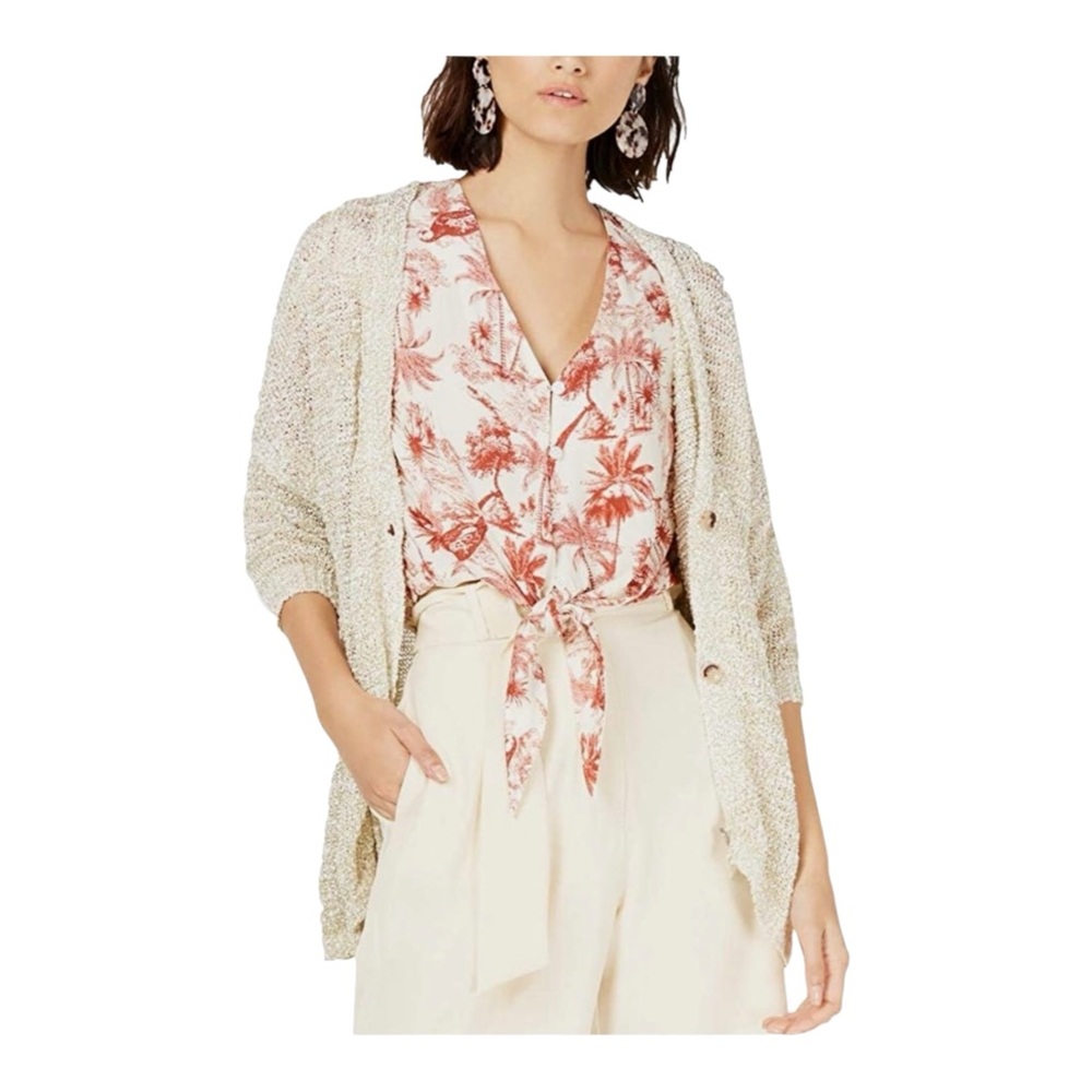 Anthropologie Raga Metallic Button Front Open Weave Cardigan Sweater